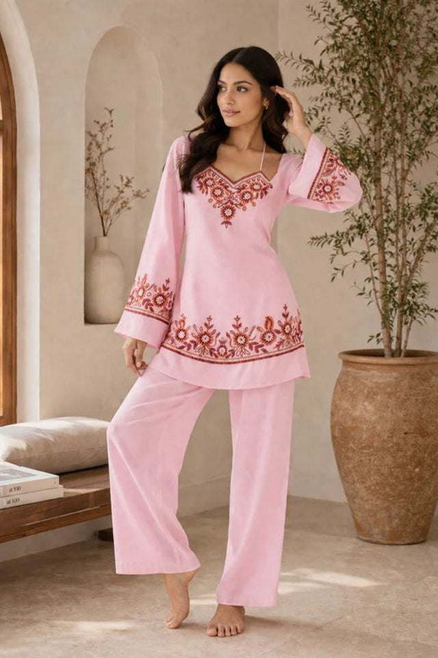 Pink Floral Embroidered Georgette Co-Ord Set (ACA9927)