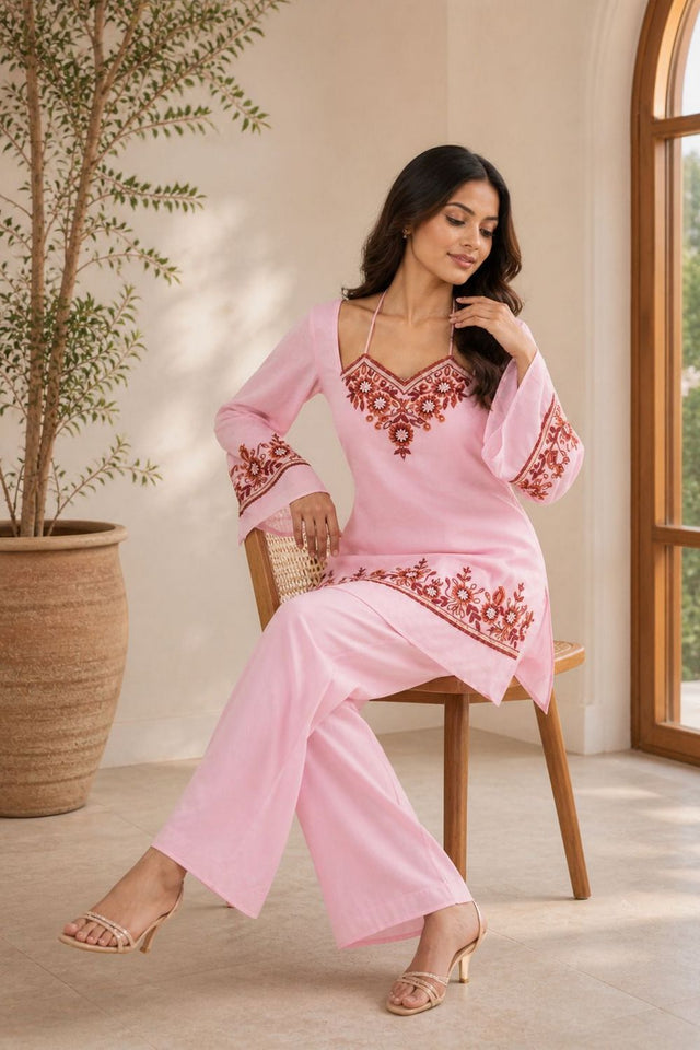 Pink Floral Embroidered Georgette Co-Ord Set (ACA9927)