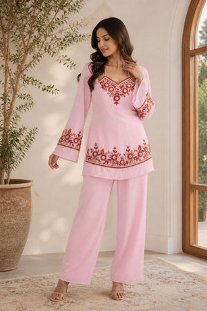 Pink Floral Embroidered Georgette Co-Ord Set (ACA9927)