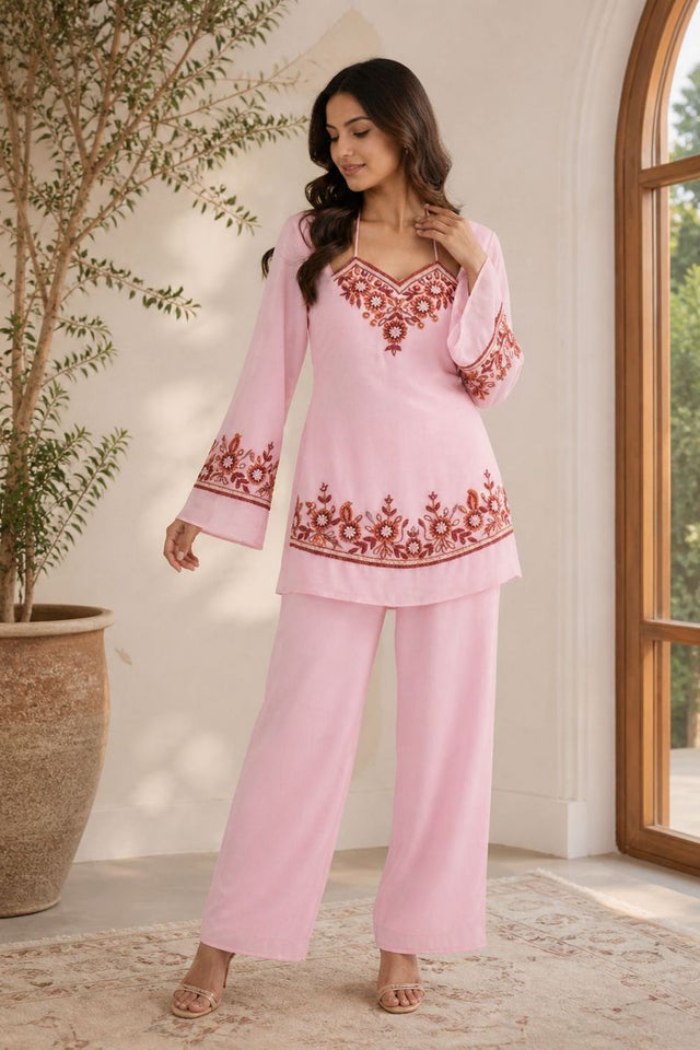 Pink Floral Embroidered Georgette Co-Ord Set (ACA9927)
