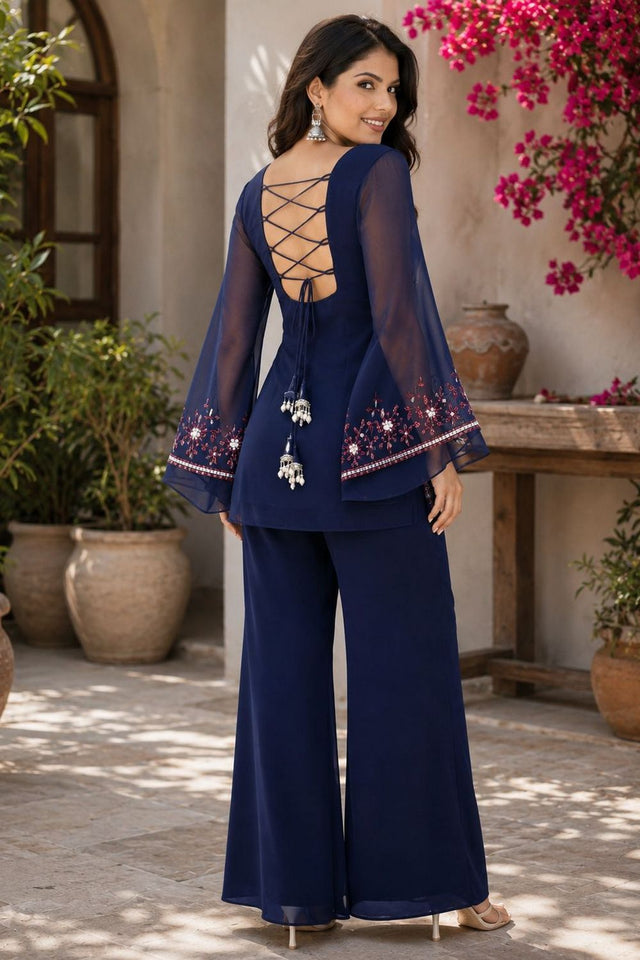 Blue Floral Embroidered Georgette Co-Ord Set (ACA9928)