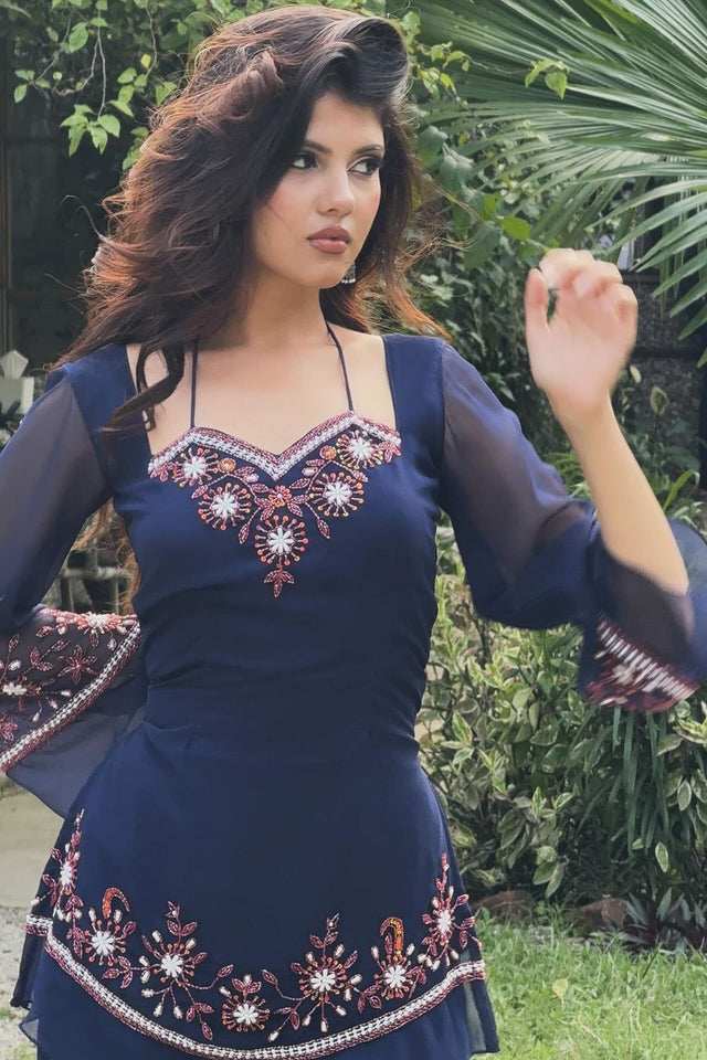 Blue Floral Embroidered Georgette Co-Ord Set (ACA9928)
