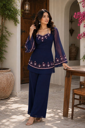Blue Floral Embroidered Georgette Co-Ord Set (ACA9928)