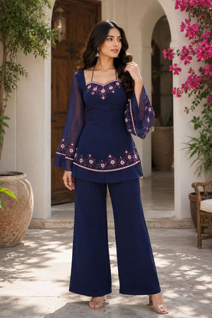 Blue Floral Embroidered Georgette Co-Ord Set (ACA9928)