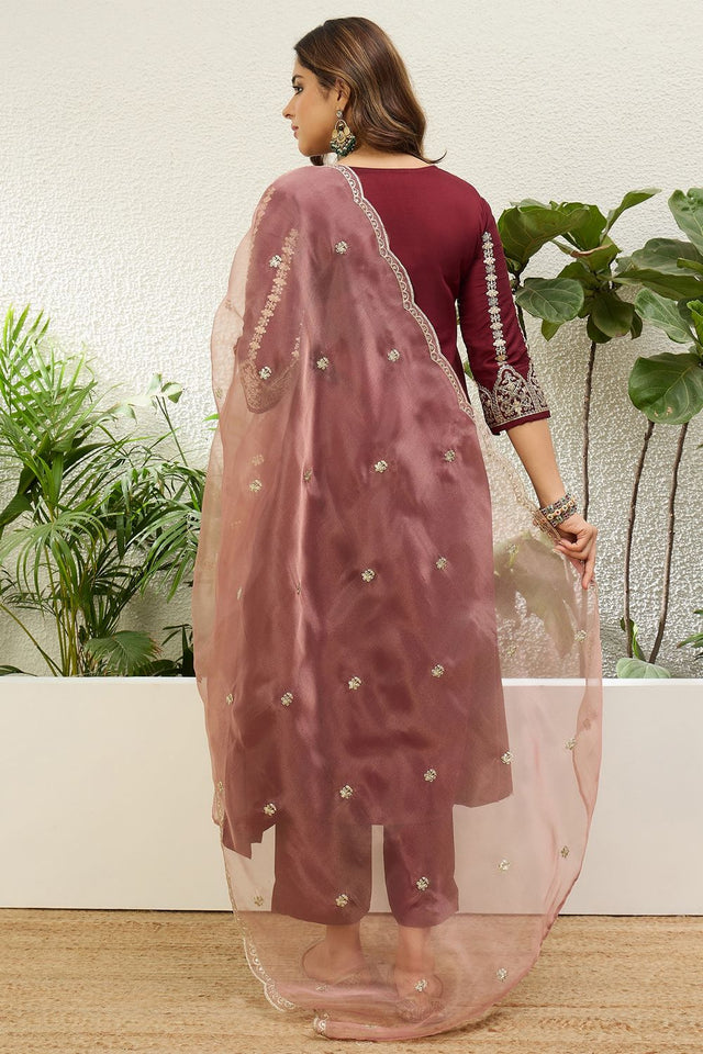 Maroon Floral Embroidered Chinon Straight Cut Suit (ACA9929)