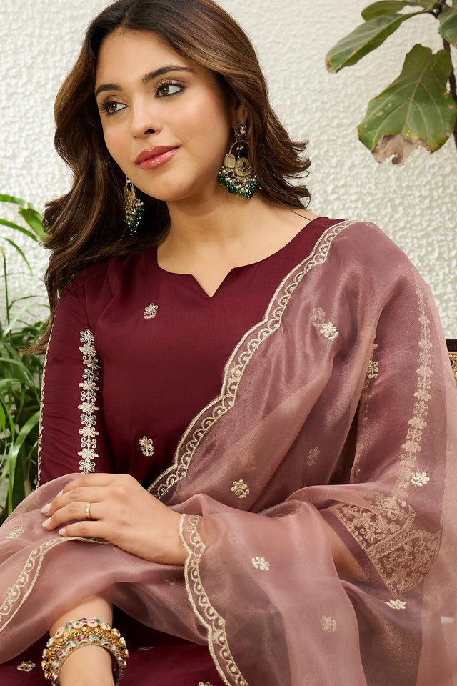 Maroon Floral Embroidered Chinon Straight Cut Suit (ACA9929)