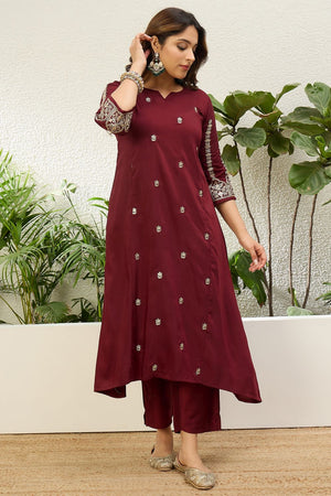 Maroon Floral Embroidered Chinon Straight Cut Suit (ACA9929)