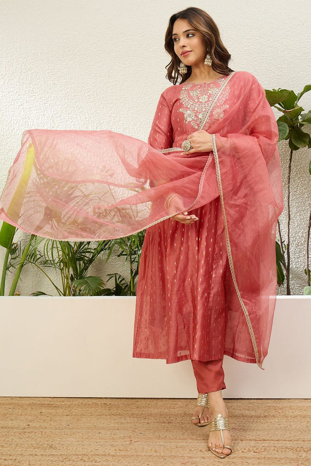 Peach Embroidered Silk Anarkali Suit (ACA9930)