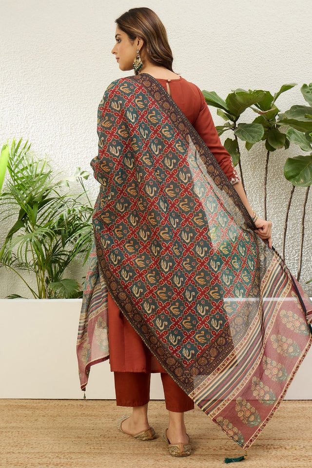 Rust Embroidered Cotton Anarkali Suit (ACA9931)