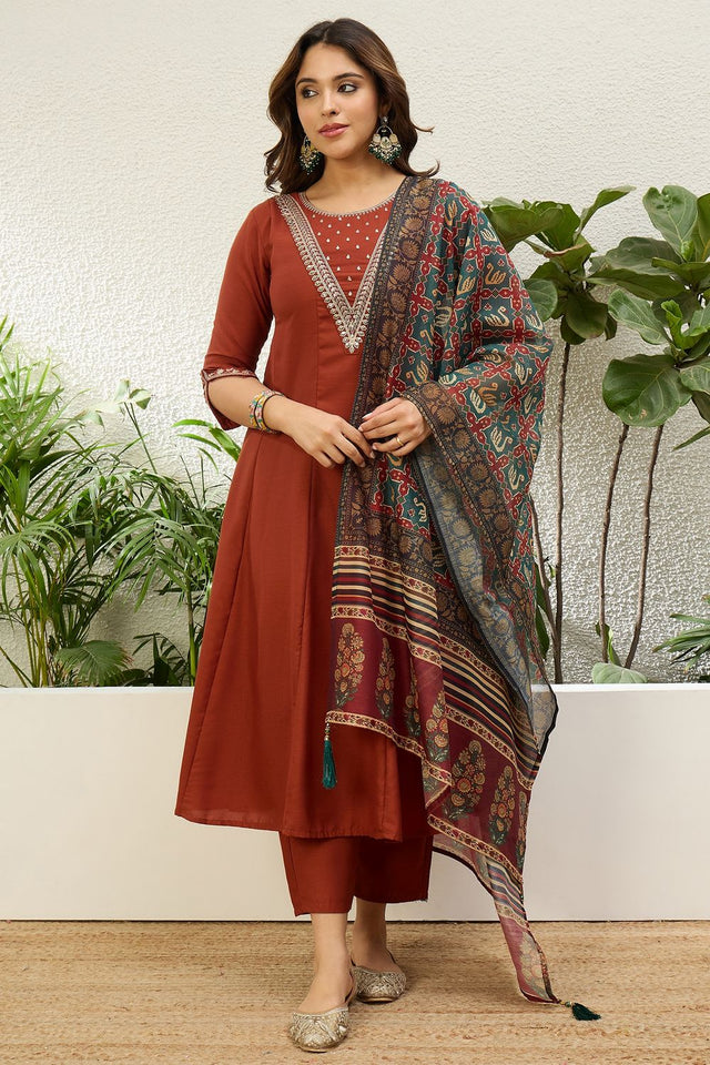Rust Embroidered Cotton Anarkali Suit (ACA9931)