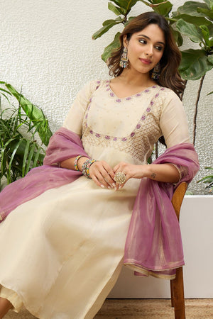 Cream Embroidered Silk Blend Anarkali Suit (ACA9932)