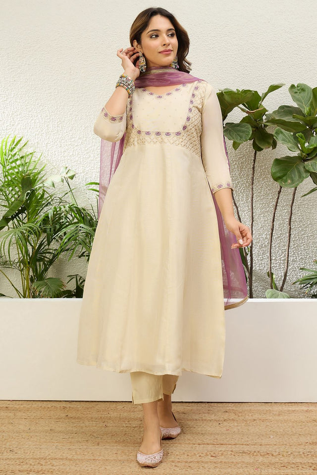 Cream Embroidered Silk Blend Anarkali Suit (ACA9932)