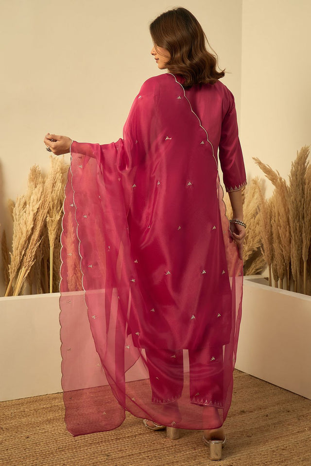 Red Sequin with Embroidered Silk Straight Cut Suit (ACA9933)