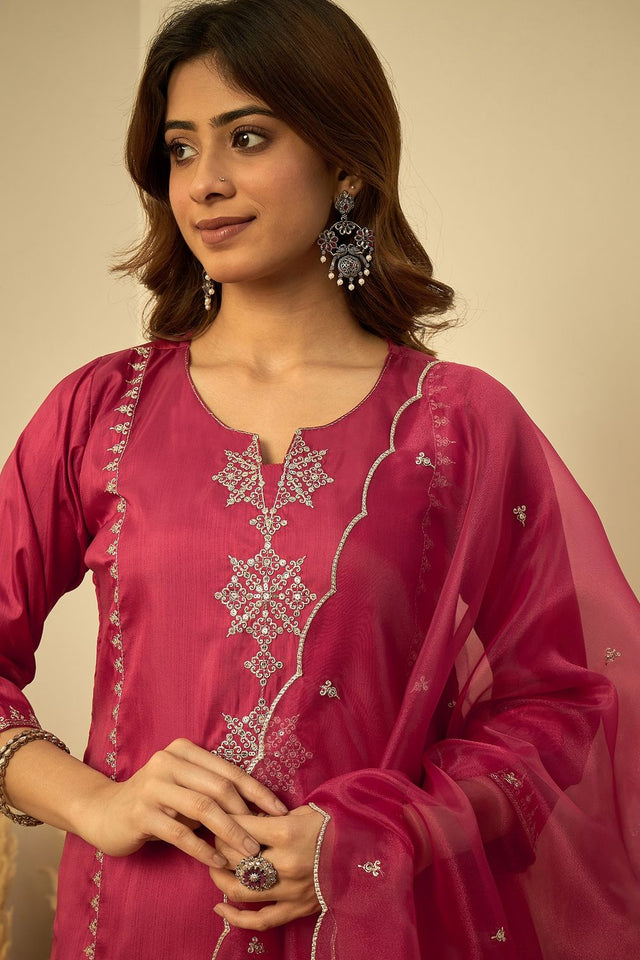 Red Sequin with Embroidered Silk Straight Cut Suit (ACA9933)