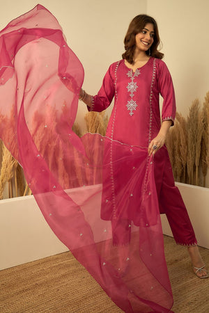 Red Sequin with Embroidered Silk Straight Cut Suit (ACA9933)