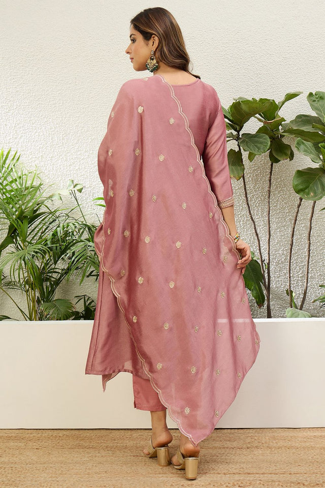 Pink Floral Embroidered Silk Anarkali Suit (ACA9934)