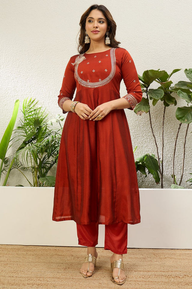 Rust Embroidered Silk Anarkali Suit (ACA9935)