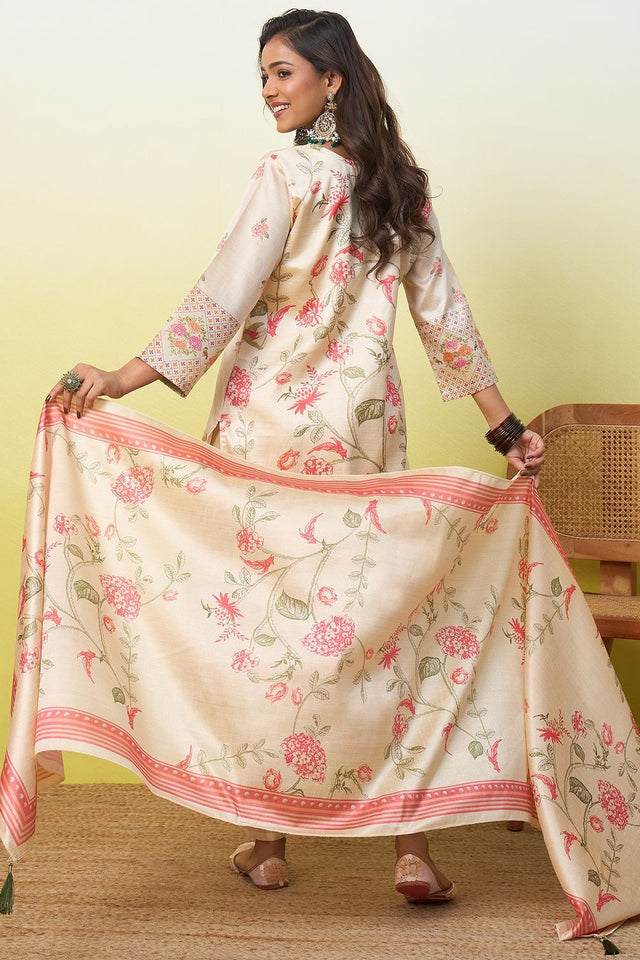 Cream Floral Embroidered Cotton Straight Cut Suit (ACA9936)