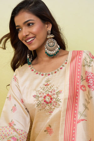 Cream Floral Embroidered Cotton Straight Cut Suit (ACA9936)