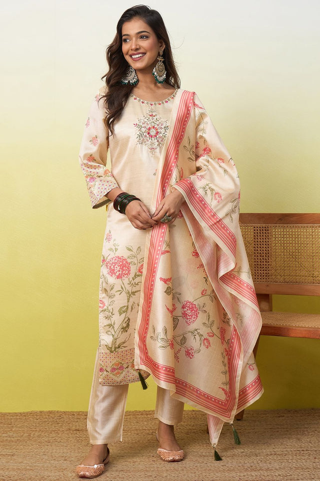 Cream Floral Embroidered Cotton Straight Cut Suit (ACA9936)