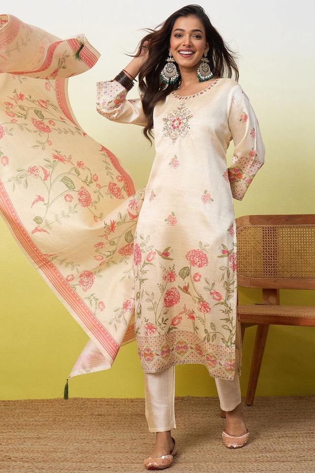 Cream Floral Embroidered Cotton Straight Cut Suit (ACA9936)