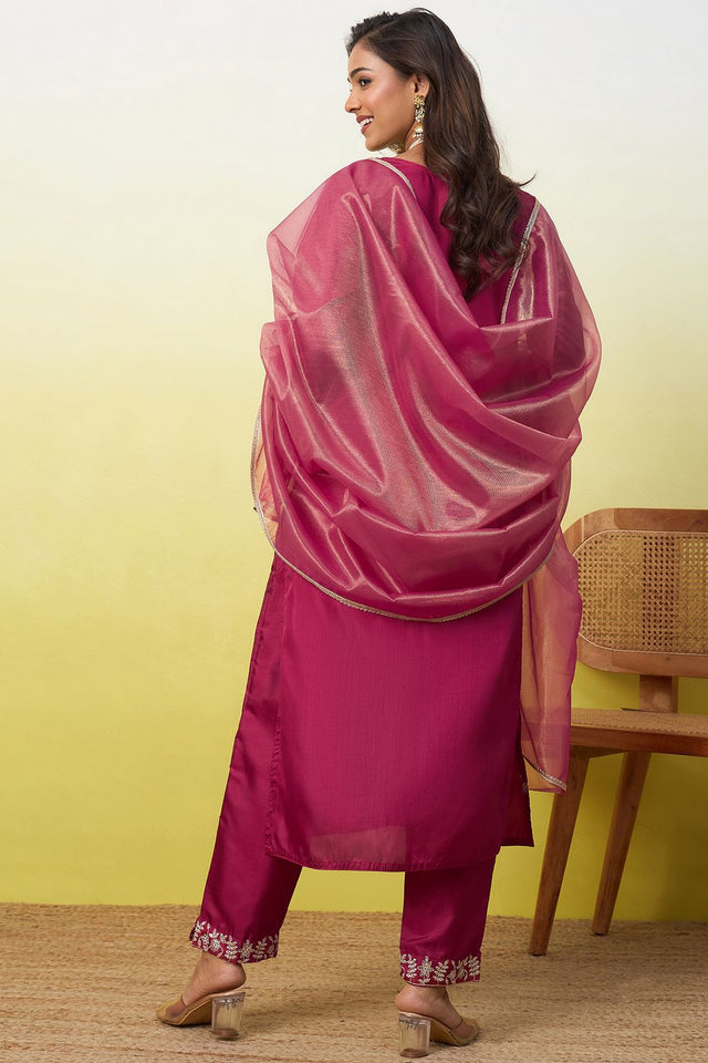 Red Floral Embroidered Silk Blend Straight Cut Suit (ACA9937)