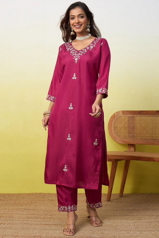 Red Floral Embroidered Silk Blend Straight Cut Suit (ACA9937)