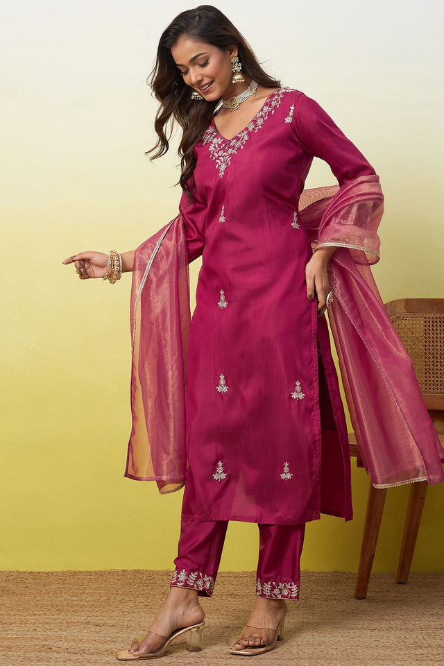 Red Floral Embroidered Silk Blend Straight Cut Suit (ACA9937)