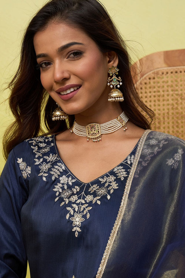 Blue Floral Embroidered Silk Blend Straight Cut Suit (ACA9938)