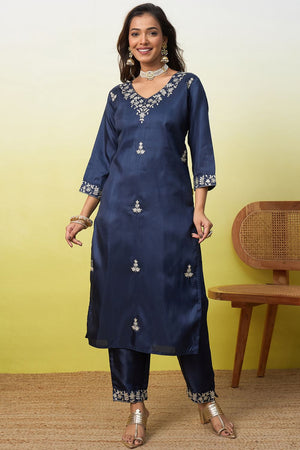 Blue Floral Embroidered Silk Blend Straight Cut Suit (ACA9938)
