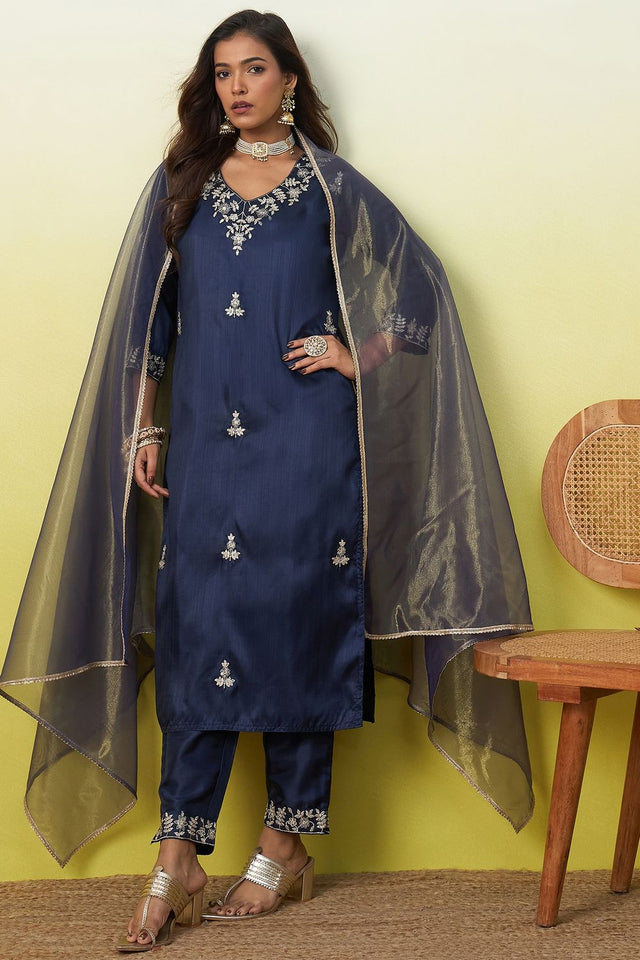 Blue Floral Embroidered Silk Blend Straight Cut Suit (ACA9938)