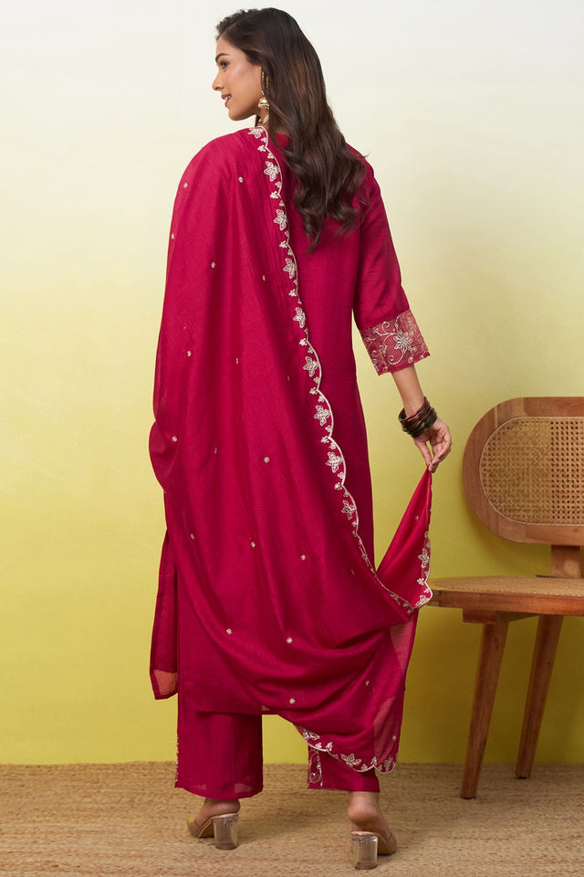 Pink Floral Embroidered Silk Straight Cut Suit (ACA9939)