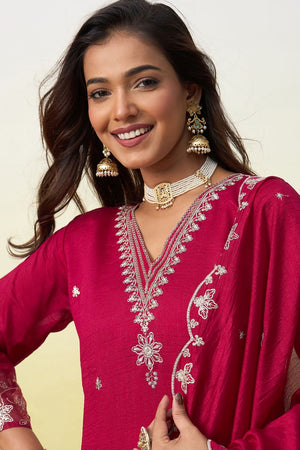 Pink Floral Embroidered Silk Straight Cut Suit (ACA9939)