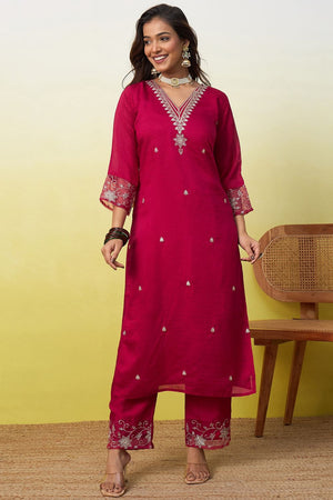 Pink Floral Embroidered Silk Straight Cut Suit (ACA9939)