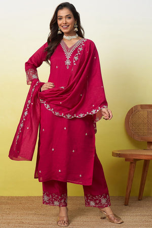 Pink Floral Embroidered Silk Straight Cut Suit (ACA9939)