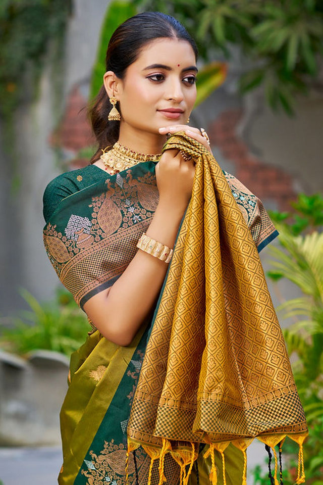 Olive Green Woven Soft Silk Saree (ACA9942)