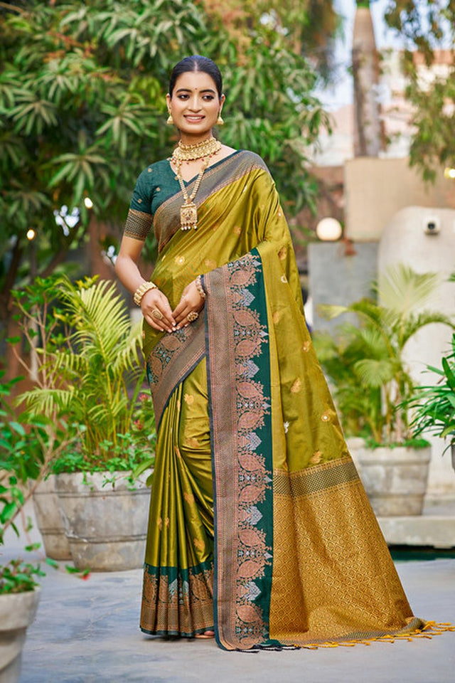 Olive Green Woven Soft Silk Saree (ACA9942)