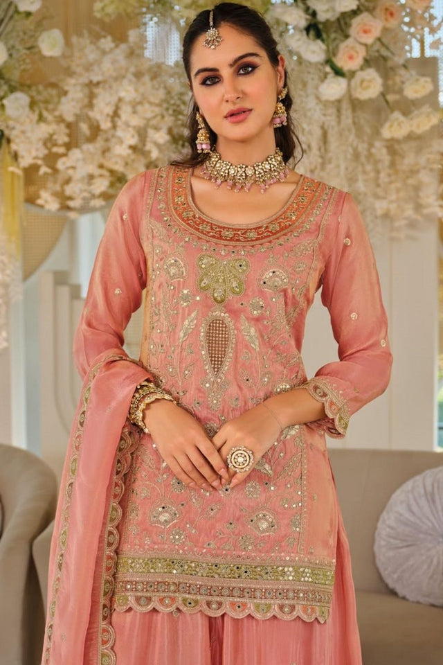 Orange Sequin with Embroidered Silk Free Size Stitched Sharara Suit (ACA9949)