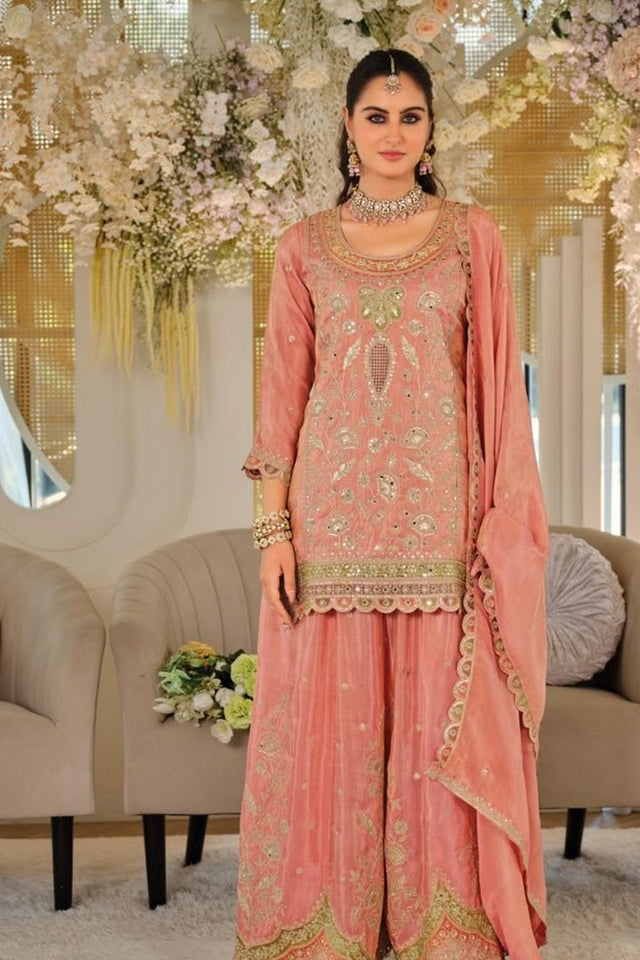Orange Sequin with Embroidered Silk Free Size Stitched Sharara Suit (ACA9949)