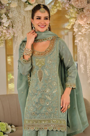 Green Sequin with Embroidered Silk Free Size Stitched Sharara Suit (ACA9950)