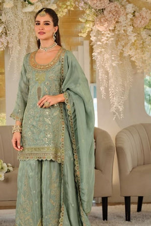 Green Sequin with Embroidered Silk Free Size Stitched Sharara Suit (ACA9950)