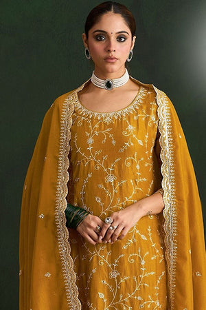 Mustard Floral Embroidered Silk Straight Cut Suit (ACA9951)