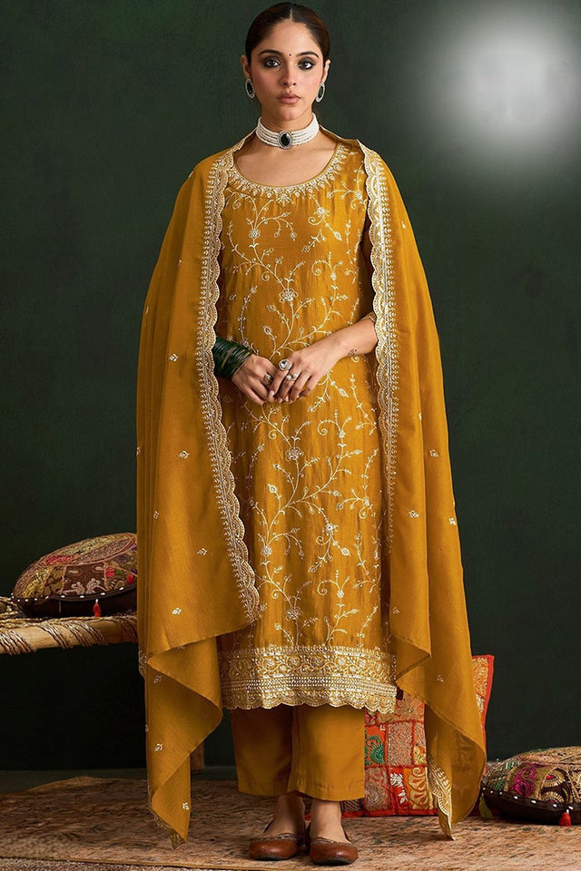 Mustard Floral Embroidered Silk Straight Cut Suit (ACA9951)