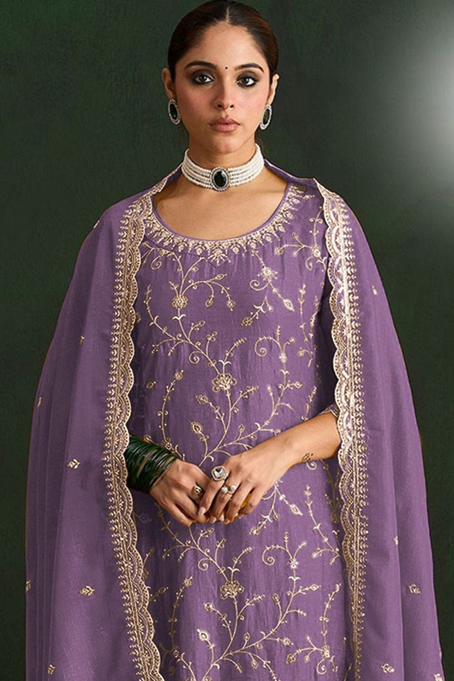 Lavender Floral Embroidered Silk Straight Cut Suit (ACA9952)