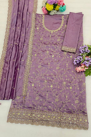 Lavender Floral Embroidered Silk Straight Cut Suit (ACA9952)