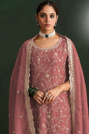 Pink Floral Embroidered Silk Straight Cut Suit (ACA9953)