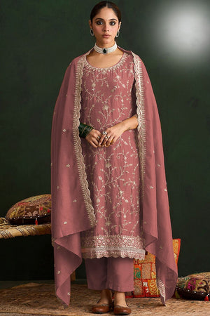 Pink Floral Embroidered Silk Straight Cut Suit (ACA9953)