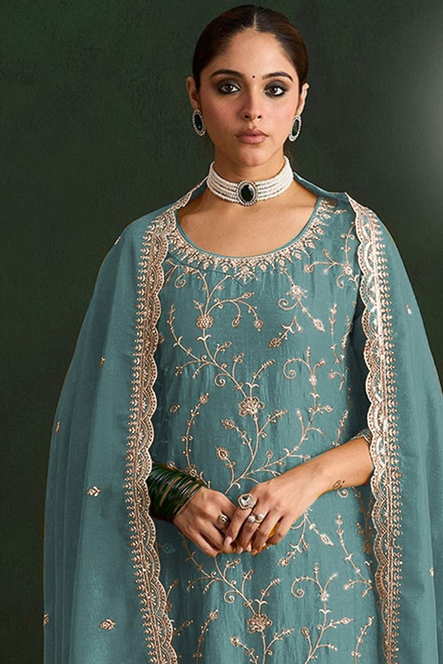 Sea Green Floral Embroidered Silk Straight Cut Suit (ACA9954)