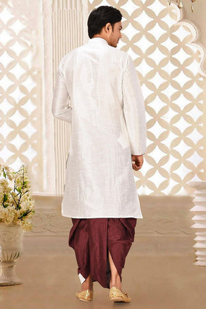 Mens White Solid Art Silk Dhoti Kurta Set (ACA9955)