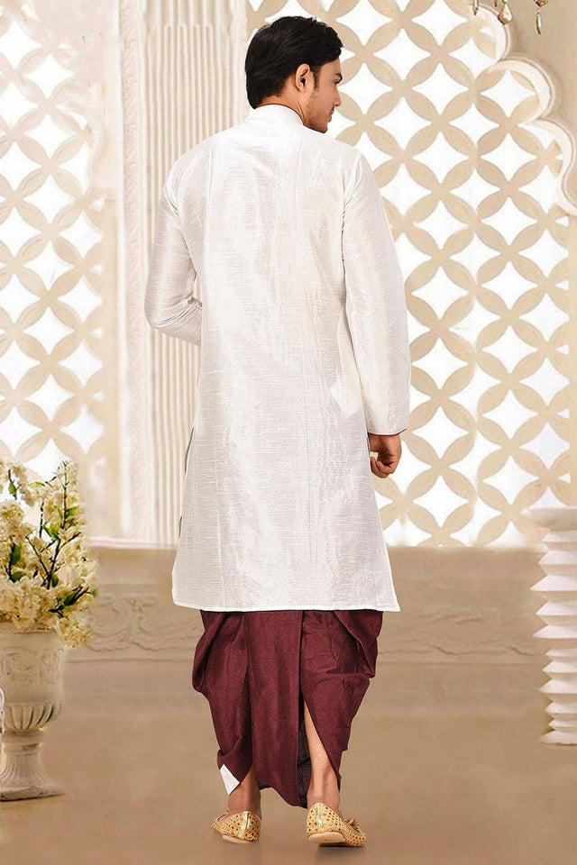 Mens White Solid Art Silk Dhoti Kurta Set (ACA9955)